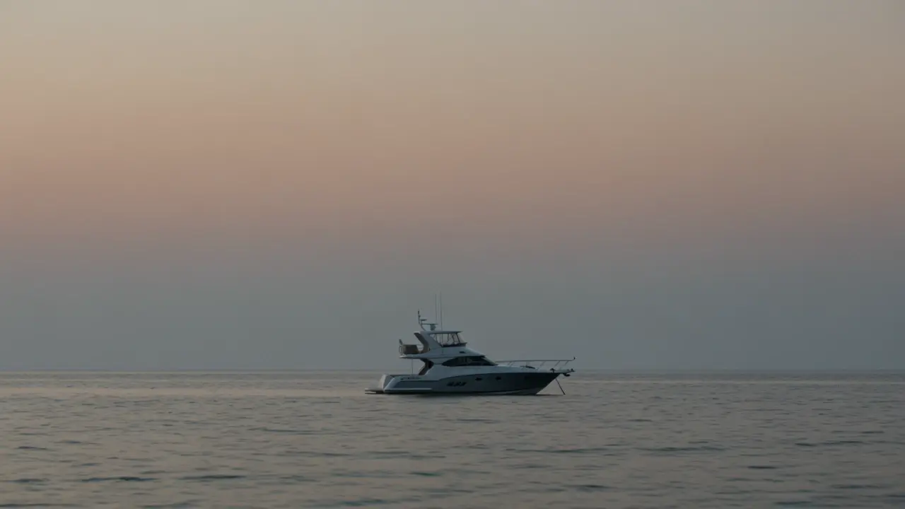 Een jacht voor anker gaat van gouden uur over naar diepe nacht terwijl de dekverlichting ontwaakt.