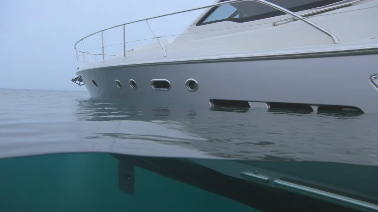 De camera zakt vanaf het wateroppervlak onder de waterlijn langs de romp en kiel.